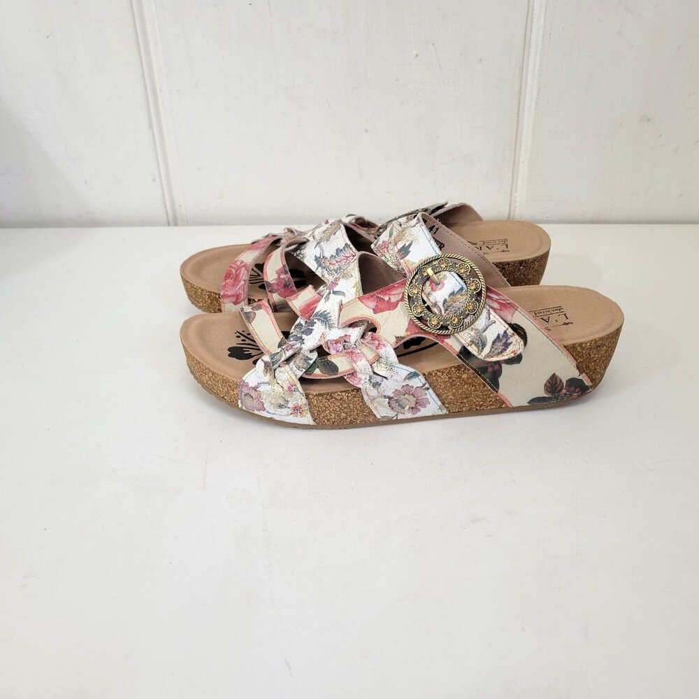 Spring Step L'Artiste Women's Floral Cork Sole Sandals With Adjustable Buckle Si
